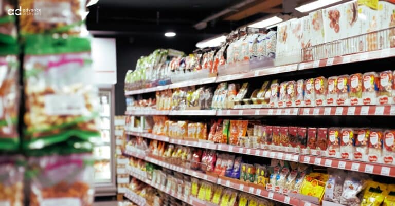 Wide aisle view of retail gondola shelving with neatly faced products